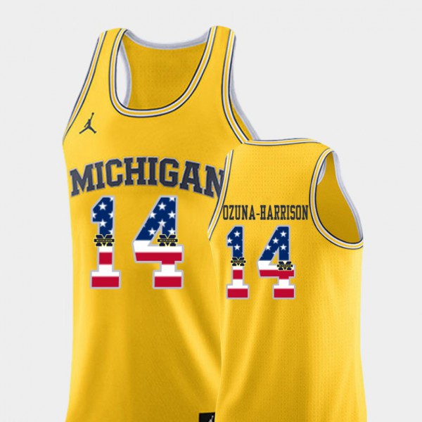 University of Michigan #14 Men Rico Ozuna-Harrison Jersey Yellow College Basketball USA Flag Official